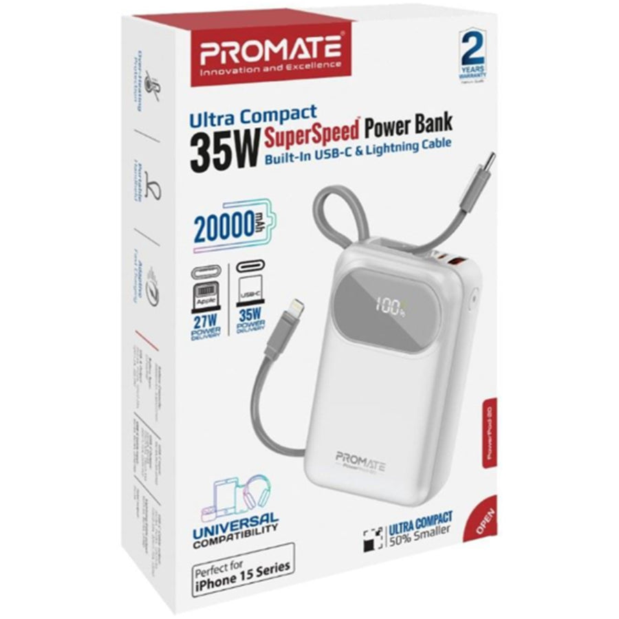 Promate POWERPOD-20-WHT - 20000mAh Ultra Compact 35W SuperSpeed Power Bank Built-in USB-C & Lightning Cables. 35W
