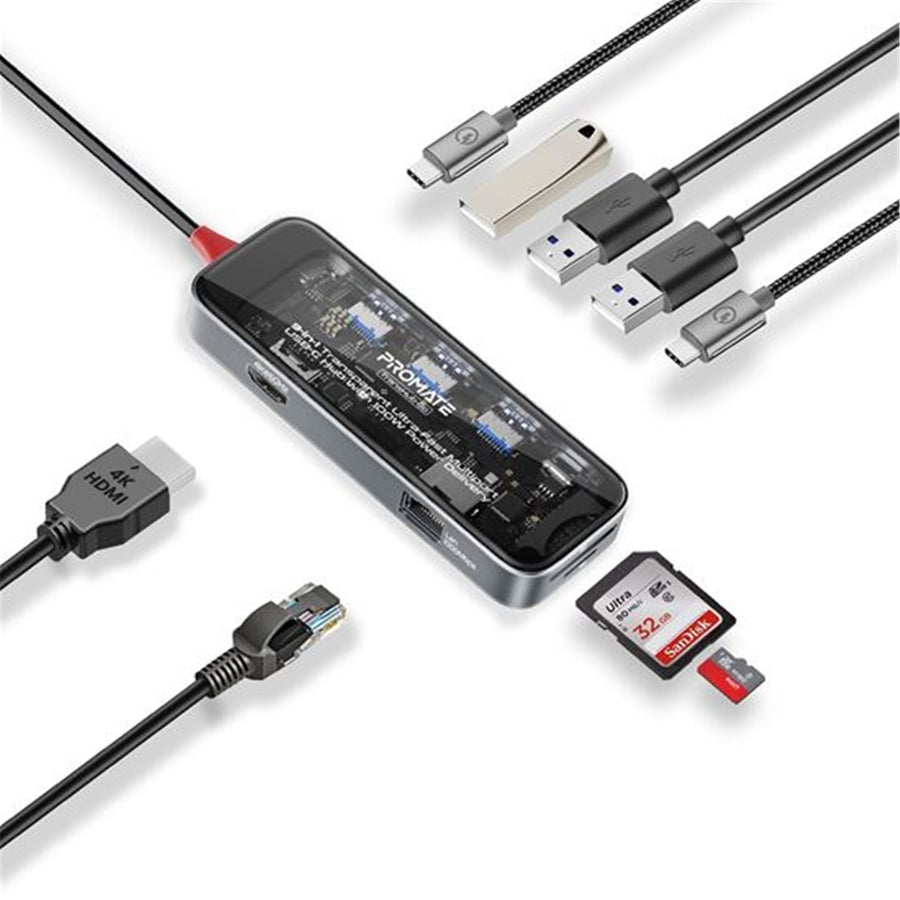 Promate TRANSHUB-GO - 9-in-1 USB Multi-Port Hub USB-C Connector. Includes 100W PD 4K HDMI Port RJ45 Port
