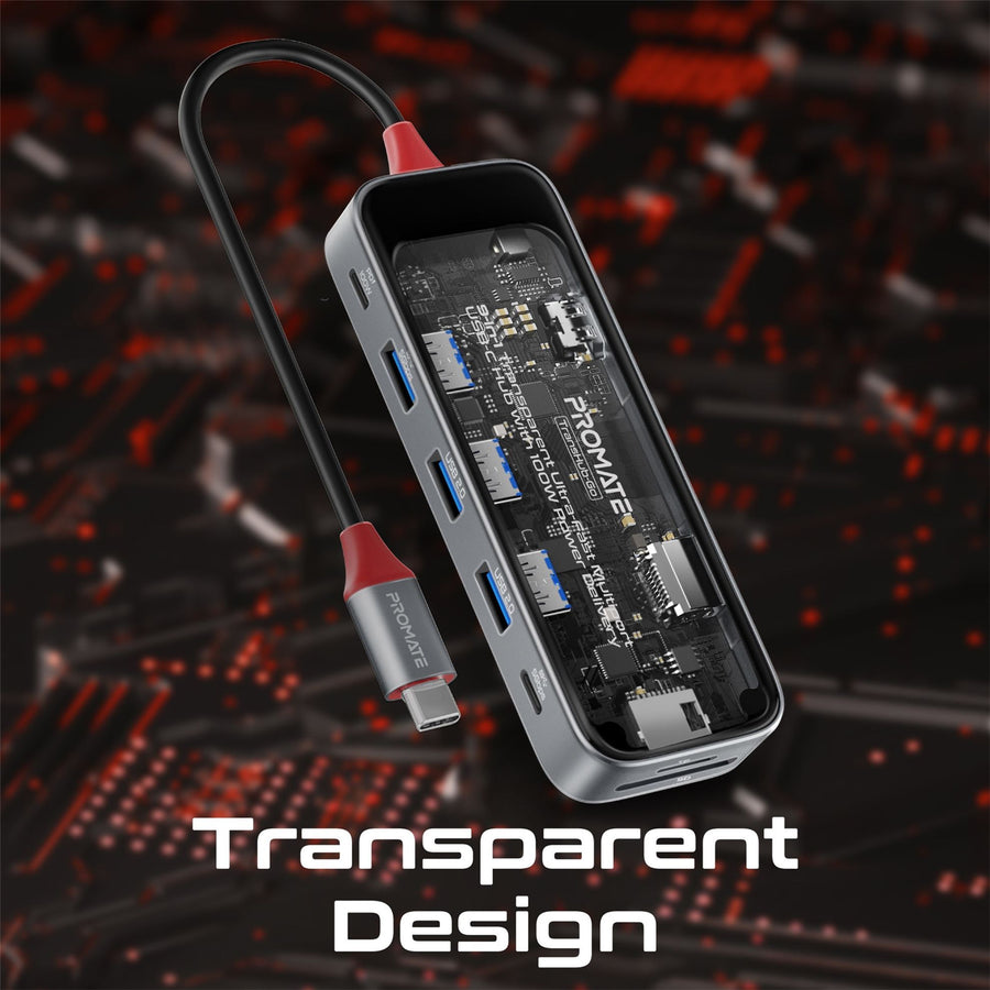 Promate TRANSHUB-GO - 9-in-1 USB Multi-Port Hub USB-C Connector. Includes 100W PD 4K HDMI Port RJ45 Port