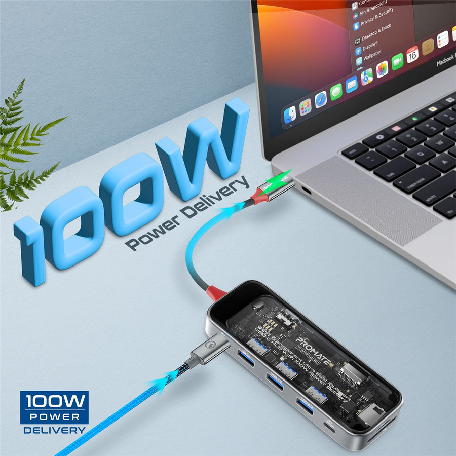 Promate TRANSHUB-GO - 9-in-1 USB Multi-Port Hub USB-C Connector. Includes 100W PD 4K HDMI Port RJ45 Port