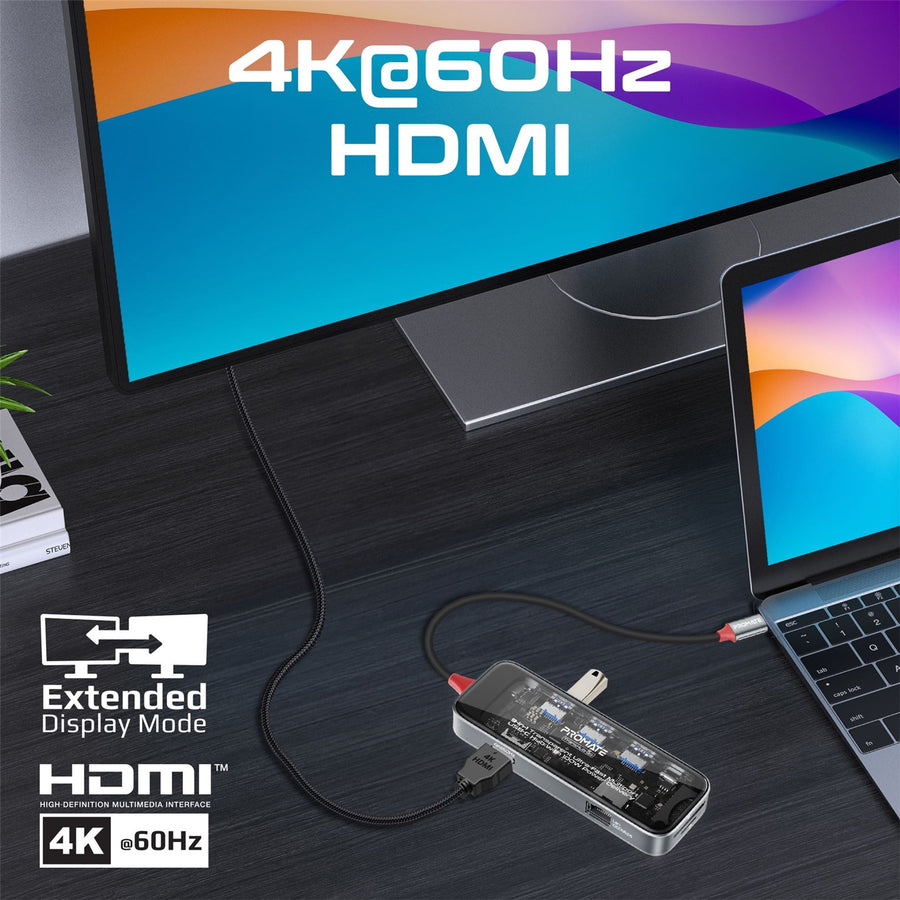 Promate TRANSHUB-GO - 9-in-1 USB Multi-Port Hub USB-C Connector. Includes 100W PD 4K HDMI Port RJ45 Port
