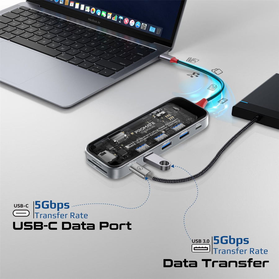 Promate TRANSHUB-GO - 9-in-1 USB Multi-Port Hub USB-C Connector. Includes 100W PD 4K HDMI Port RJ45 Port