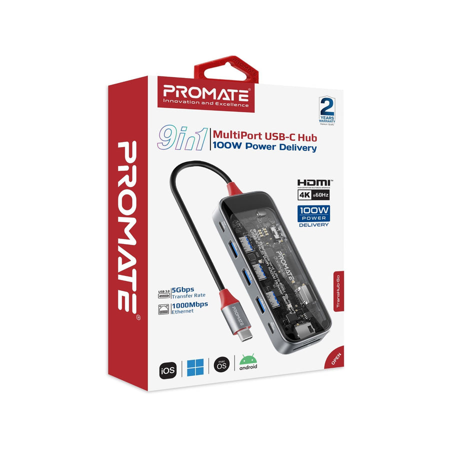 Promate TRANSHUB-GO - 9-in-1 USB Multi-Port Hub USB-C Connector. Includes 100W PD 4K HDMI Port RJ45 Port