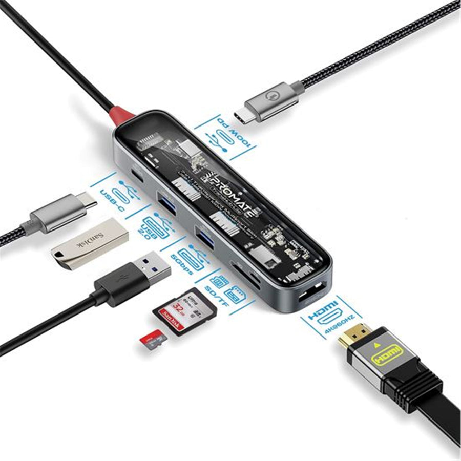 Promate TRANSHUB-LITE - 7-in-1 USB Multi-Port Hub w/ USB-C Connector w/ 4K HDMI Port Dual USB-A 2.0 Ports 1x