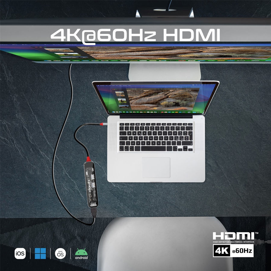 Promate TRANSHUB-LITE - 7-in-1 USB Multi-Port Hub w/ USB-C Connector w/ 4K HDMI Port Dual USB-A 2.0 Ports 1x