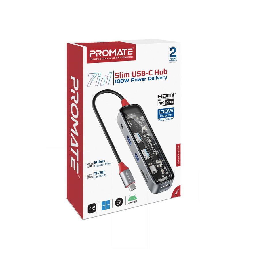 Promate TRANSHUB-LITE - 7-in-1 USB Multi-Port Hub w/ USB-C Connector w/ 4K HDMI Port Dual USB-A 2.0 Ports 1x