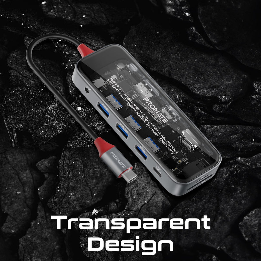 Promate   11-in-1 USB Multi-Port Hub with USB-C Connector - Transparent