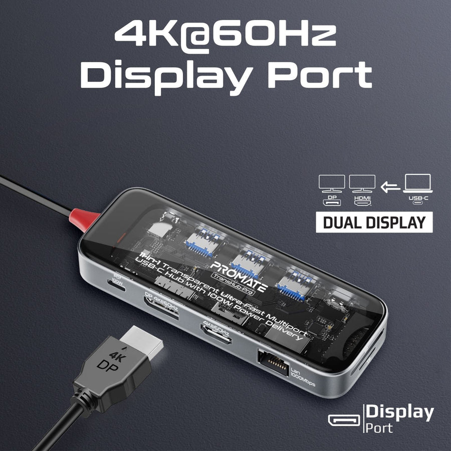 Promate   11-in-1 USB Multi-Port Hub with USB-C Connector - Transparent