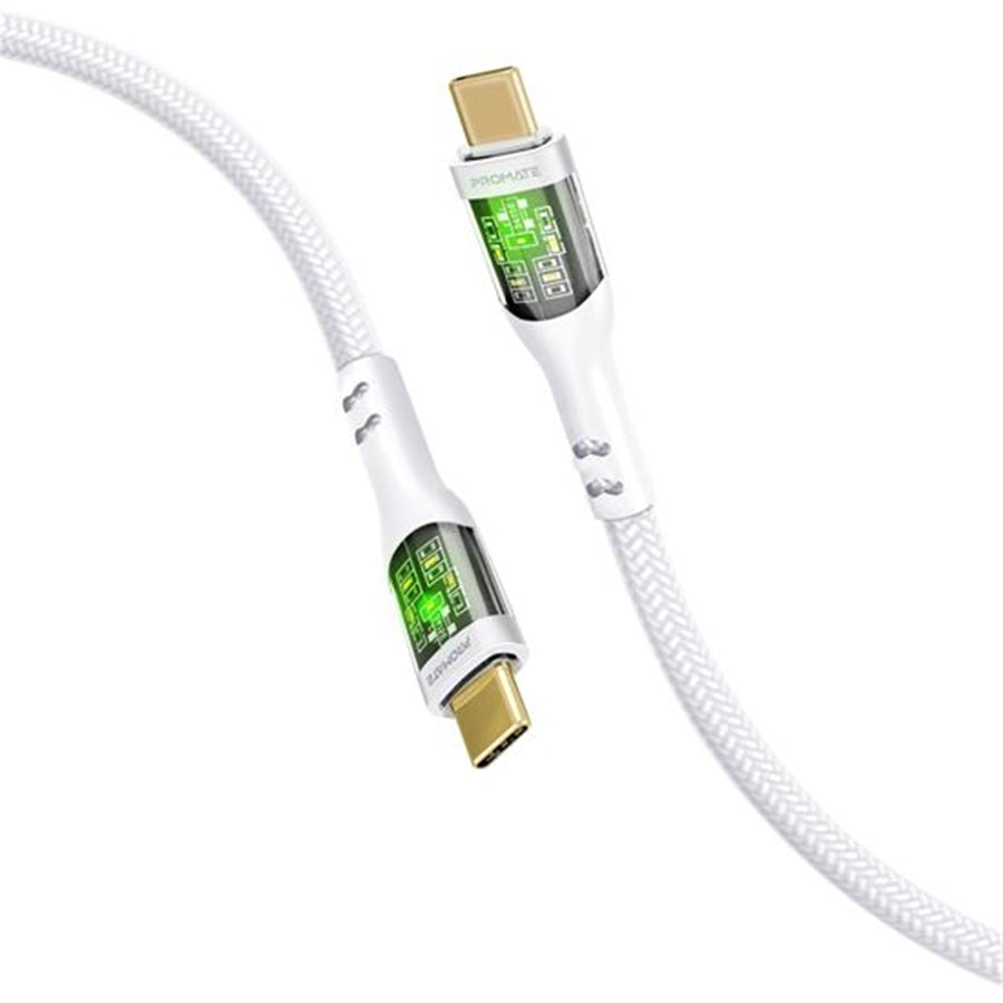 Promate TRANSLINE-CC200W - 2m USB-C to USB-C Cable Transparent Connectors & LED'' Supports 60W PD. 25000+ Bend