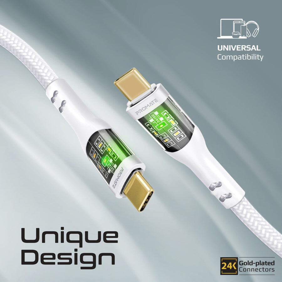 Promate TRANSLINE-CC200W - 2m USB-C to USB-C Cable Transparent Connectors & LED'' Supports 60W PD. 25000+ Bend
