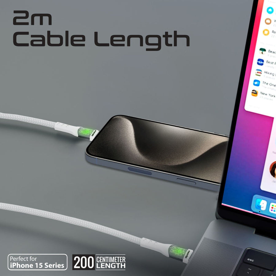 Promate TRANSLINE-CC200W - 2m USB-C to USB-C Cable Transparent Connectors & LED'' Supports 60W PD. 25000+ Bend