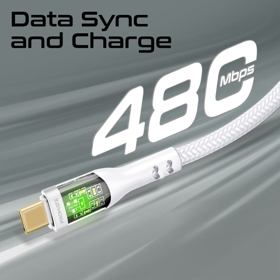 Promate TRANSLINE-CC200W - 2m USB-C to USB-C Cable Transparent Connectors & LED'' Supports 60W PD. 25000+ Bend