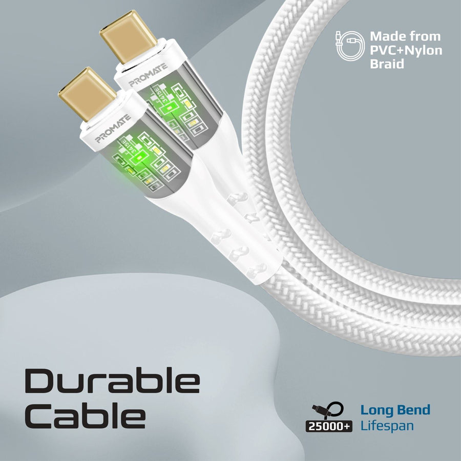 Promate TRANSLINE-CC200W - 2m USB-C to USB-C Cable Transparent Connectors & LED'' Supports 60W PD. 25000+ Bend