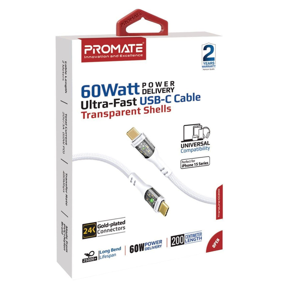 Promate TRANSLINE-CC200W - 2m USB-C to USB-C Cable Transparent Connectors & LED'' Supports 60W PD. 25000+ Bend