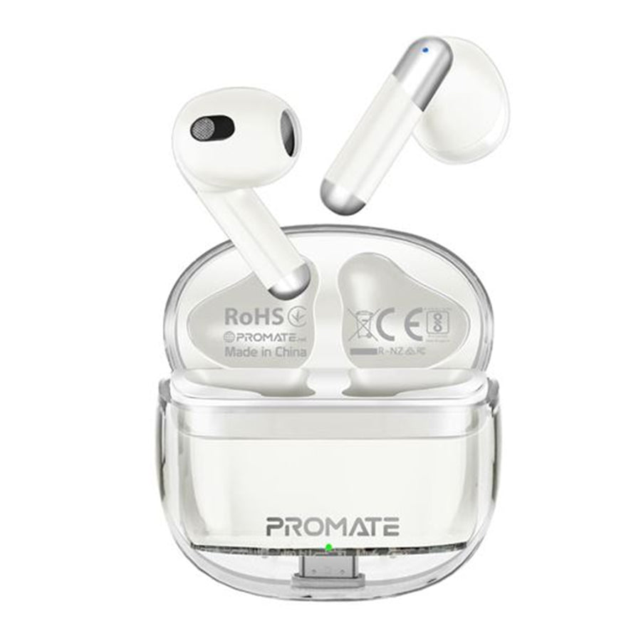 Promate TRANSPODS-WHT - In-Ear HD Bluetooth Earbud Intellitouch & 300mAh Charging Case. Ergonomic Fit