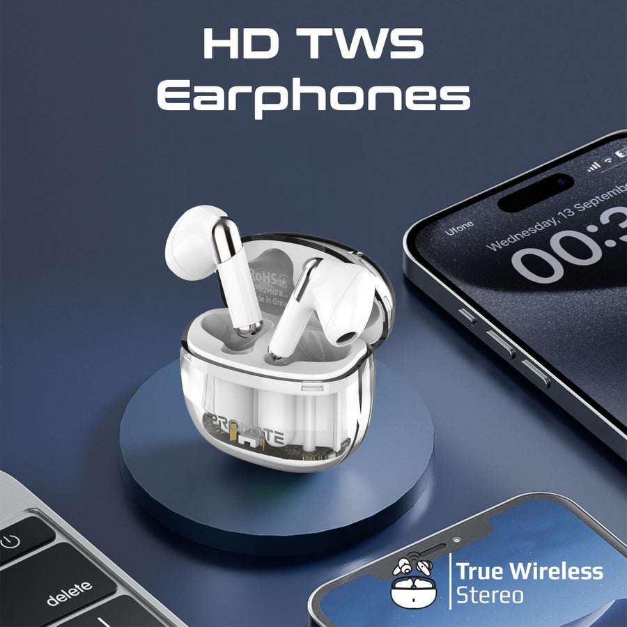 Promate TRANSPODS-WHT - In-Ear HD Bluetooth Earbud Intellitouch & 300mAh Charging Case. Ergonomic Fit