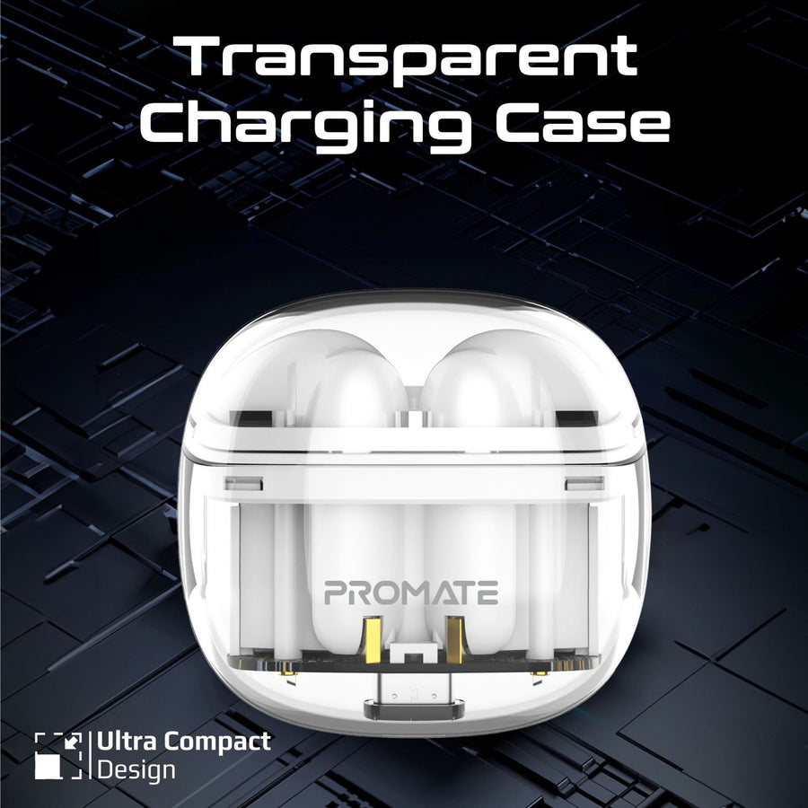 Promate TRANSPODS-WHT - In-Ear HD Bluetooth Earbud Intellitouch & 300mAh Charging Case. Ergonomic Fit