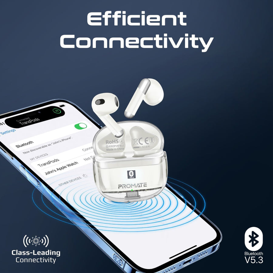 Promate TRANSPODS-WHT - In-Ear HD Bluetooth Earbud Intellitouch & 300mAh Charging Case. Ergonomic Fit