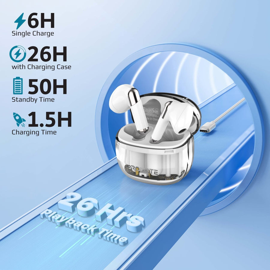 Promate TRANSPODS-WHT - In-Ear HD Bluetooth Earbud Intellitouch & 300mAh Charging Case. Ergonomic Fit