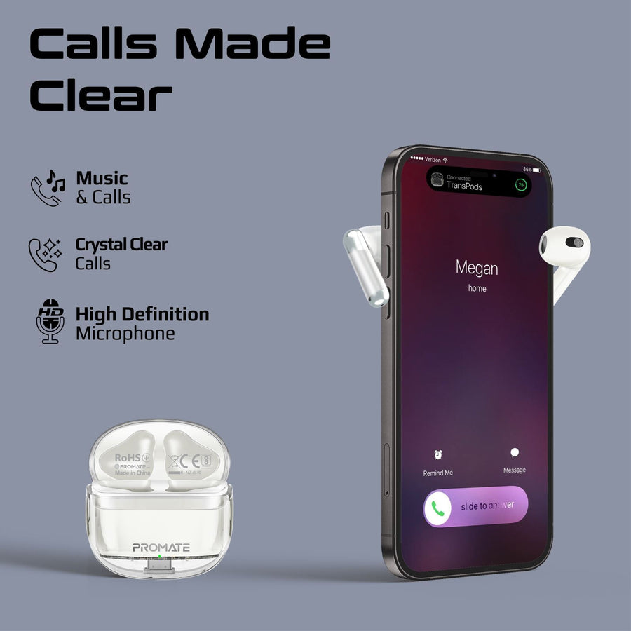 Promate TRANSPODS-WHT - In-Ear HD Bluetooth Earbud Intellitouch & 300mAh Charging Case. Ergonomic Fit