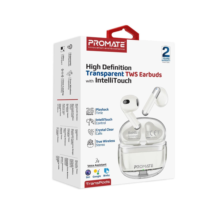 Promate TRANSPODS-WHT - In-Ear HD Bluetooth Earbud Intellitouch & 300mAh Charging Case. Ergonomic Fit