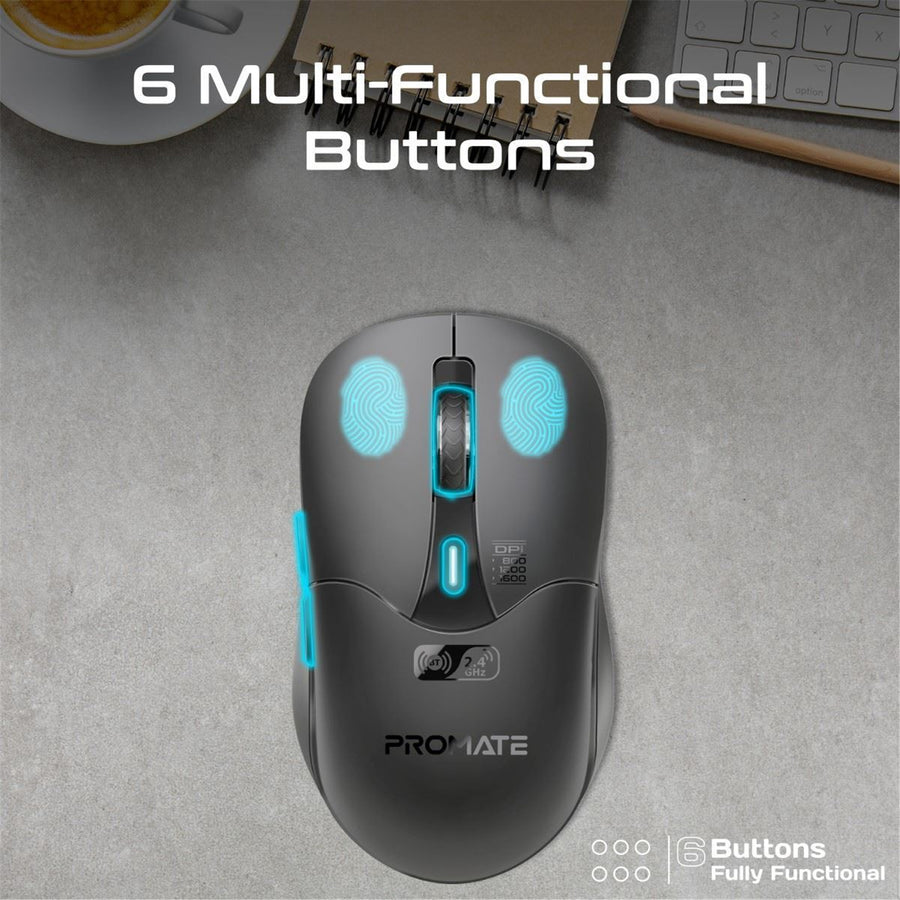 Promate SAMO-BLK - Rechargeable Wireless Mouse w/ BT & RF Connectivity. 800/1200/1600Dpi. Built-in 500