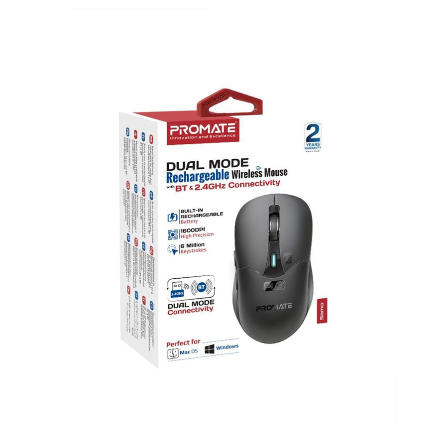 Promate SAMO-BLK - Rechargeable Wireless Mouse w/ BT & RF Connectivity. 800/1200/1600Dpi. Built-in 500