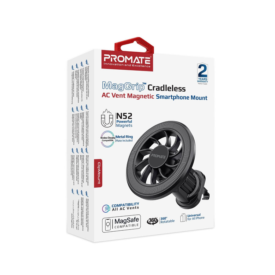Promate CLIPMOUNT - MagGrip Cradleless AC Vent Magnetic Smartphone Mount. Metal Ring. 360 Rotation.