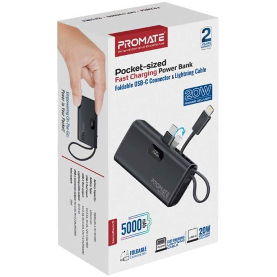 Promate NANOPACK-5 - 5000mAh Pocket-sized Fast Charging Power Bank Foldable USB-C Connector
