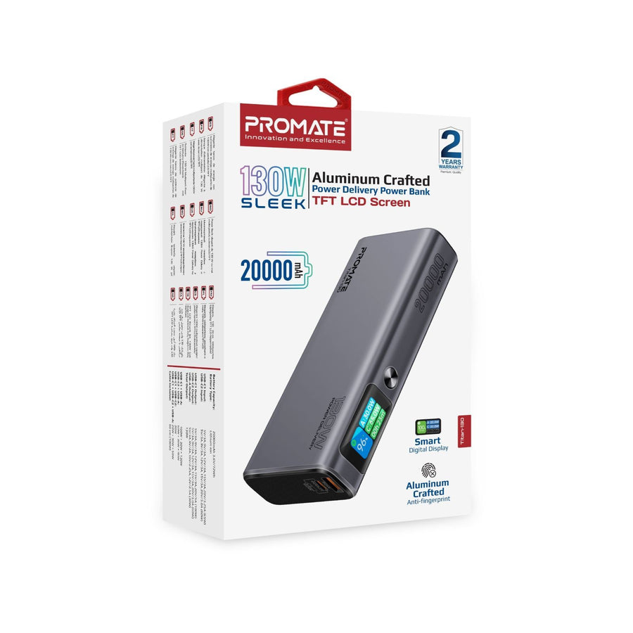 Promate TITAN-130 - 20000mAh 130W Sleek PD Aliminium Power Bank w/ LCD Screen. 1x 60W & 1x 100W