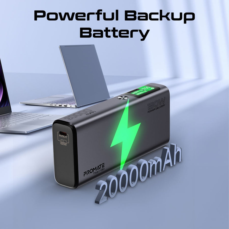 Promate TITAN-130 - 20000mAh 130W Sleek PD Aliminium Power Bank w/ LCD Screen. 1x 60W & 1x 100W