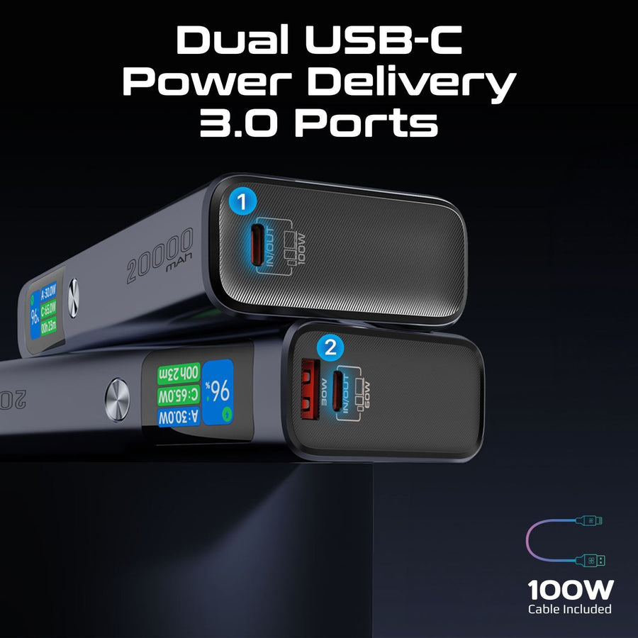 Promate TITAN-130 - 20000mAh 130W Sleek PD Aliminium Power Bank w/ LCD Screen. 1x 60W & 1x 100W