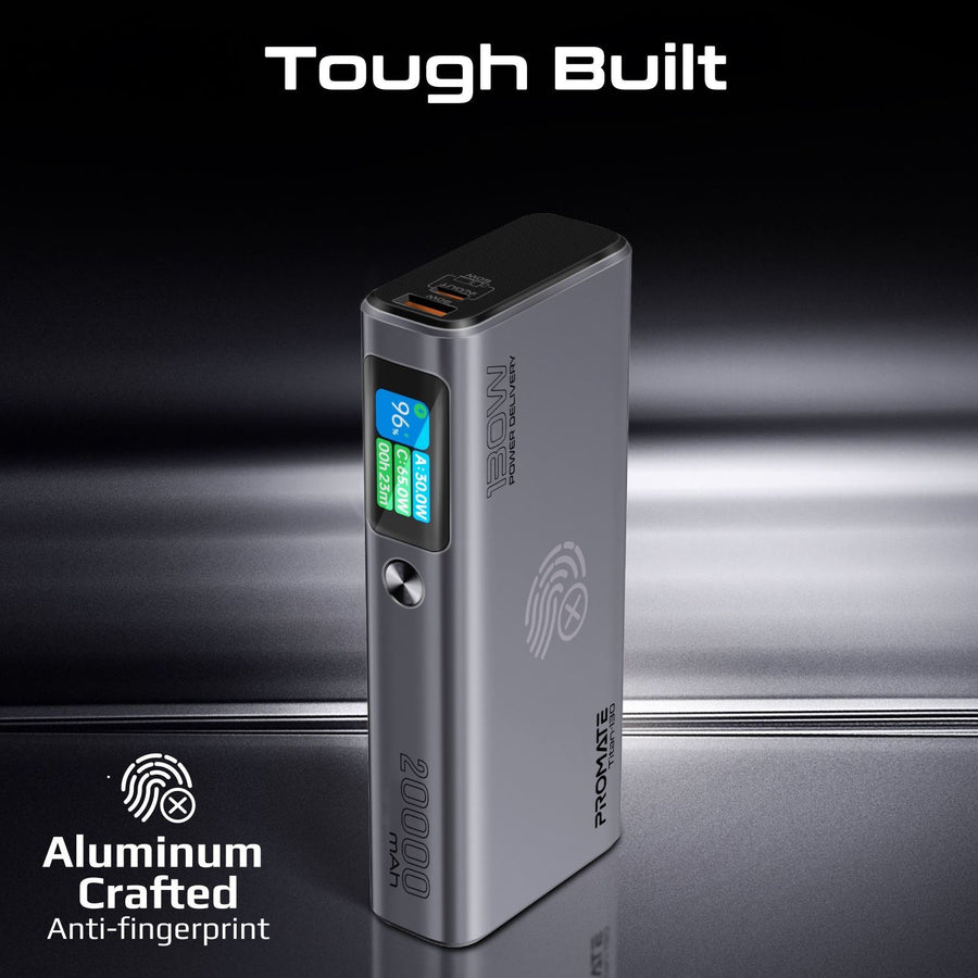 Promate TITAN-130 - 20000mAh 130W Sleek PD Aliminium Power Bank w/ LCD Screen. 1x 60W & 1x 100W