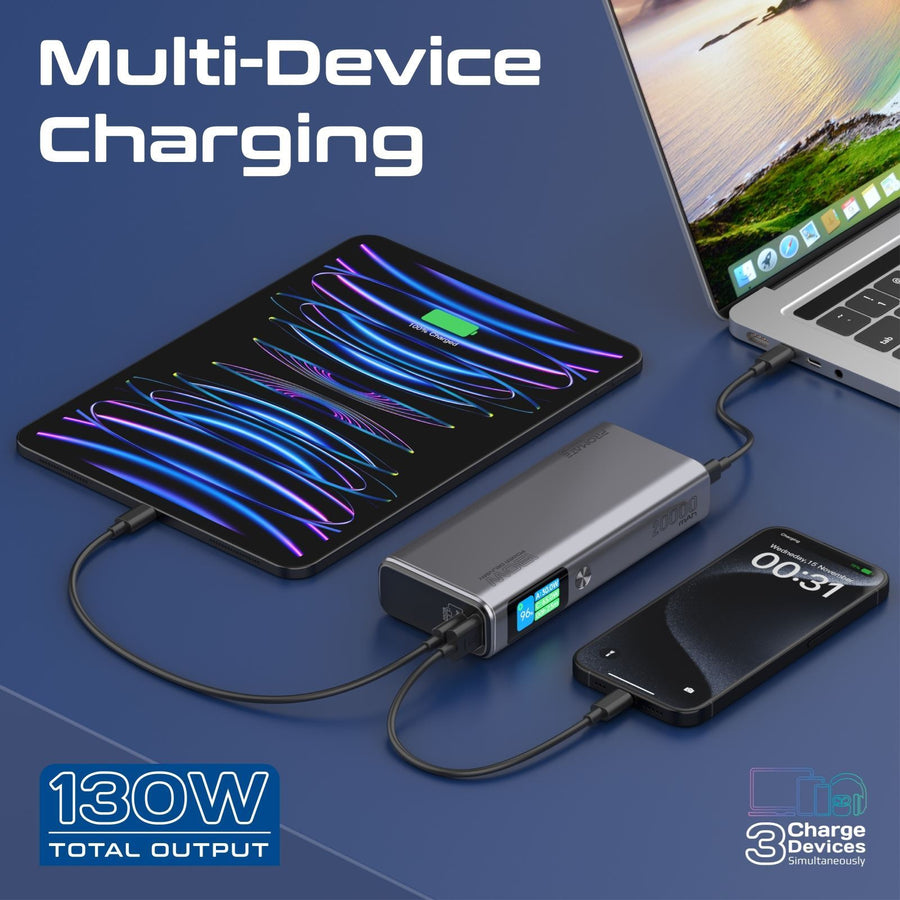 Promate TITAN-130 - 20000mAh 130W Sleek PD Aliminium Power Bank w/ LCD Screen. 1x 60W & 1x 100W