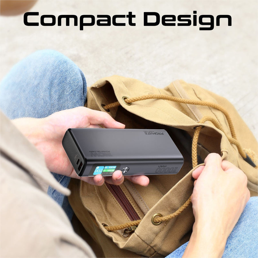 Promate TITAN-130 - 20000mAh 130W Sleek PD Aliminium Power Bank w/ LCD Screen. 1x 60W & 1x 100W