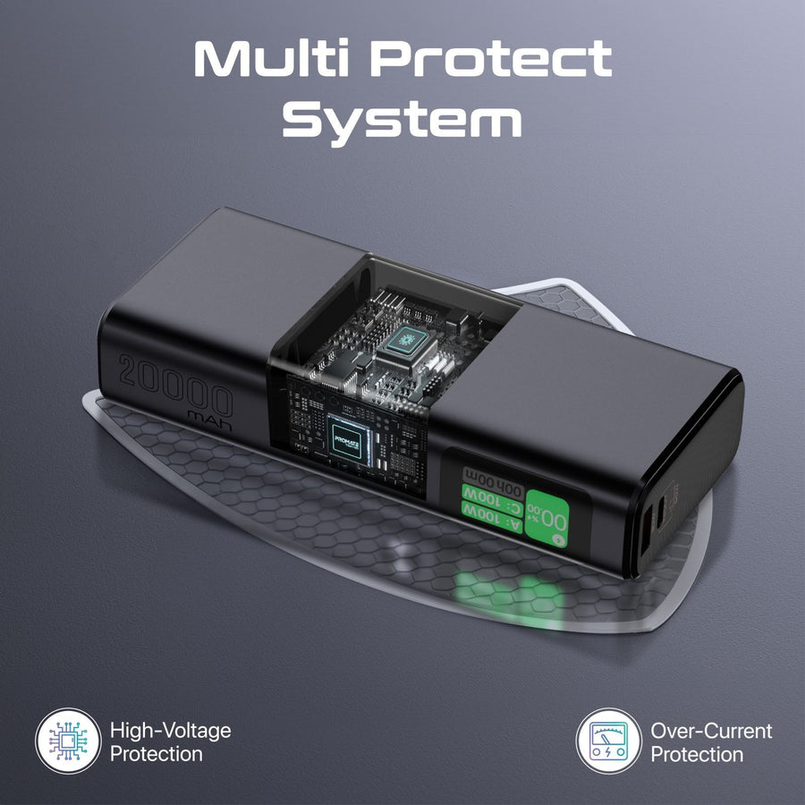 Promate TITAN-130 - 20000mAh 130W Sleek PD Aliminium Power Bank w/ LCD Screen. 1x 60W & 1x 100W