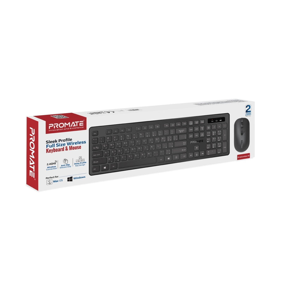 Promate PROCOMBO-13 - Super Slim Wireless Keyboard & Mouse Combo. Ergonomic Ambidextrous Mouse