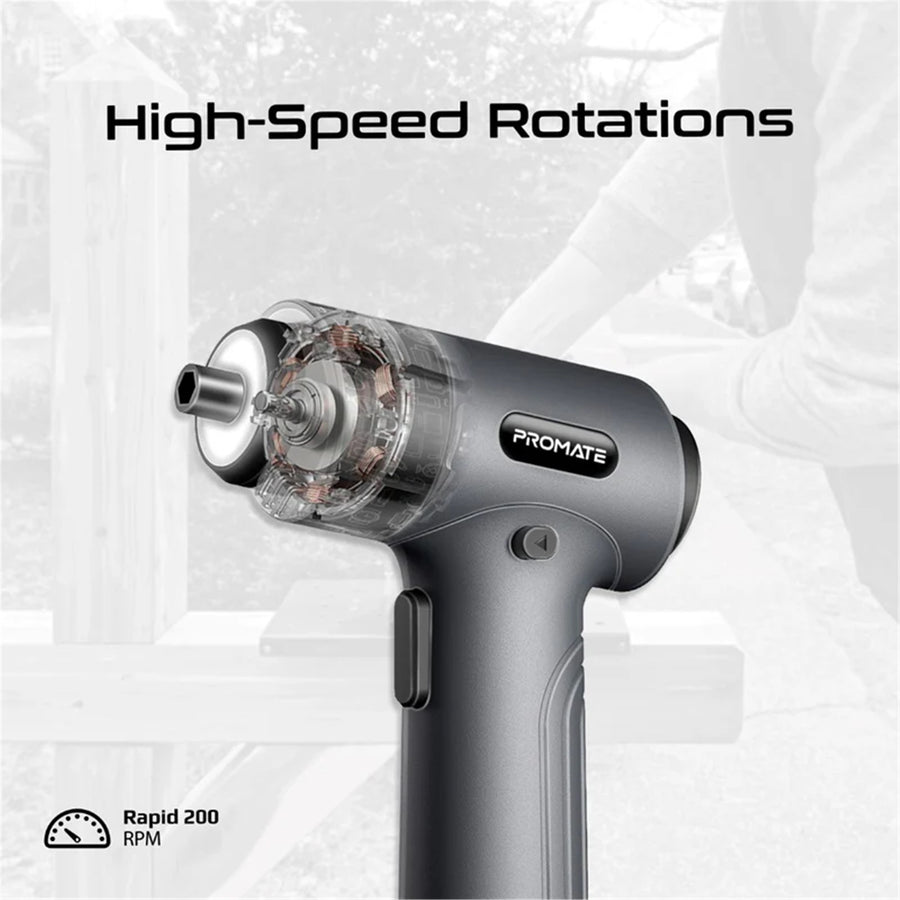 Promate PROTOOLS-31G  36-Pieces Cordless Electric DIY Hand held ScrewDriver Kit with LEDFillLight - 200RPM with 5N.m of Torque - Built-in 2500mAh Battery, USB-C Charging Port, 32 Magnetic Screwdriver Bits