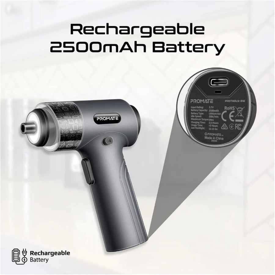 Promate PROTOOLS-31G  36-Pieces Cordless Electric DIY Hand held ScrewDriver Kit with LEDFillLight - 200RPM with 5N.m of Torque - Built-in 2500mAh Battery, USB-C Charging Port, 32 Magnetic Screwdriver Bits