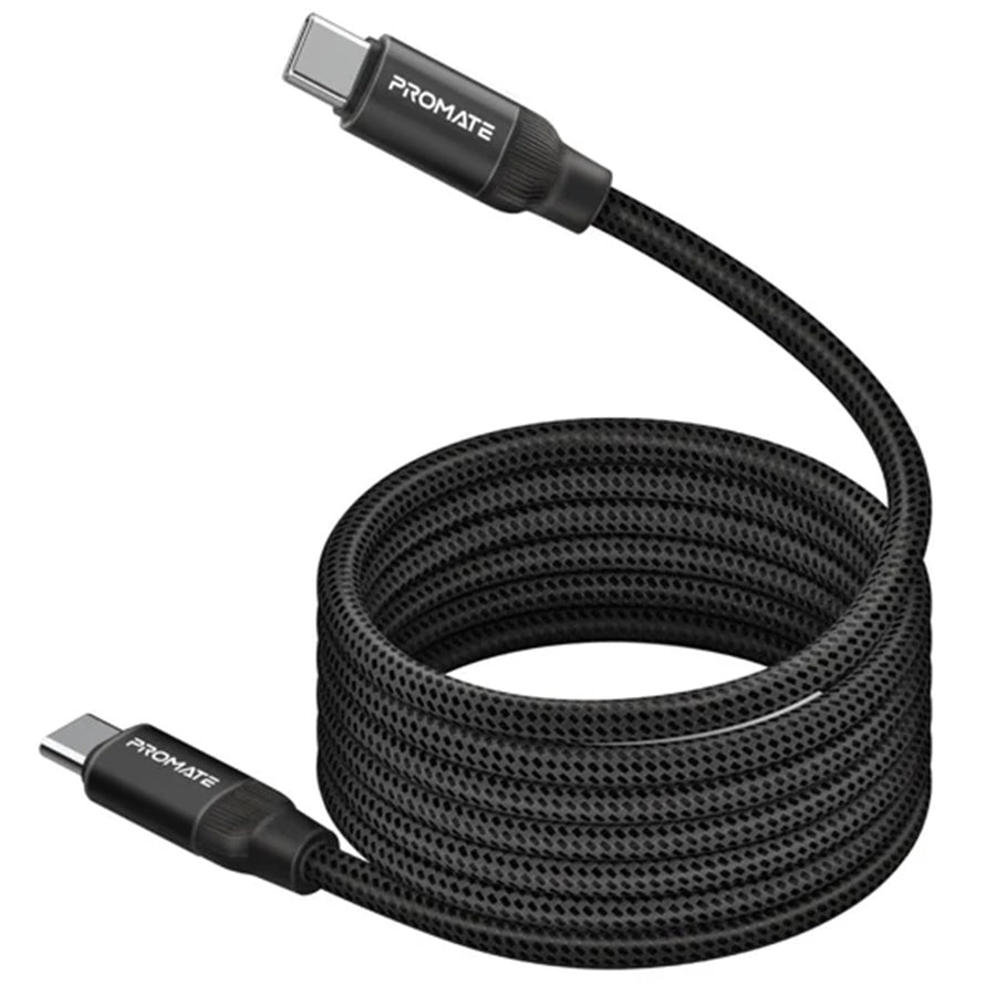 Promate SPRINGY-BLK - 1.2m USB-C to USB-C Cable Self-Organising Auto Untangle Supports 60W Power Delivery