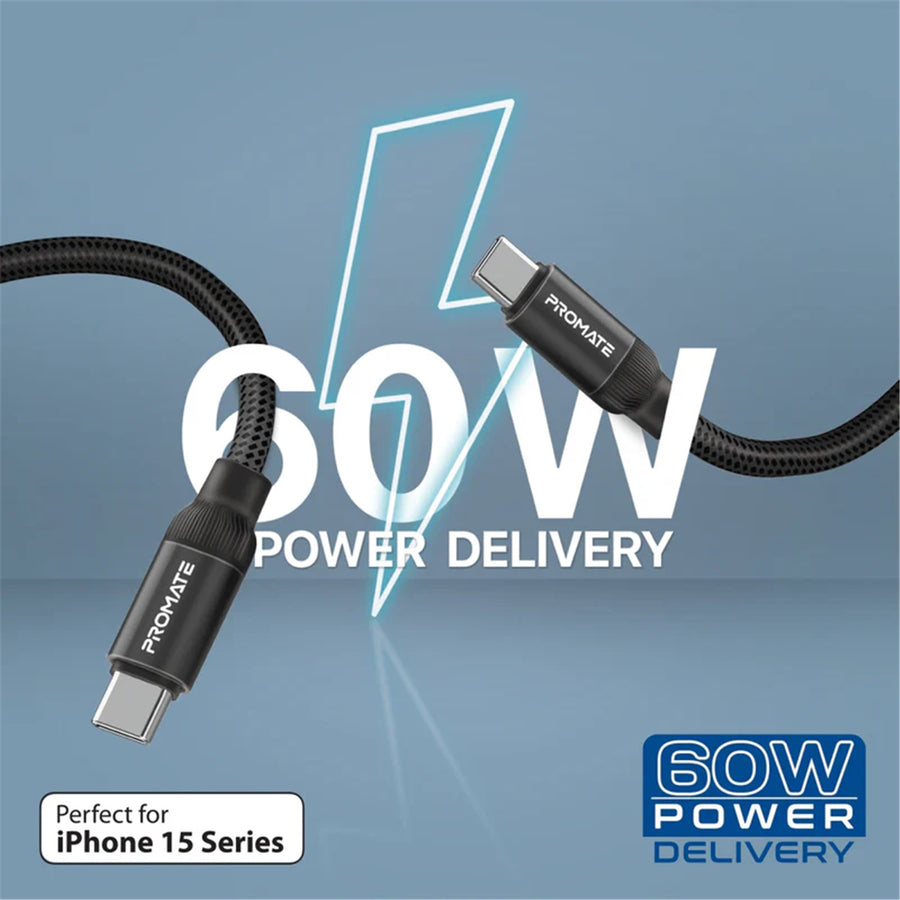 Promate SPRINGY-BLK - 1.2m USB-C to USB-C Cable Self-Organising Auto Untangle Supports 60W Power Delivery