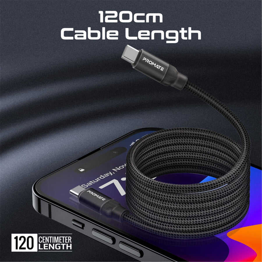 Promate SPRINGY-BLK - 1.2m USB-C to USB-C Cable Self-Organising Auto Untangle Supports 60W Power Delivery