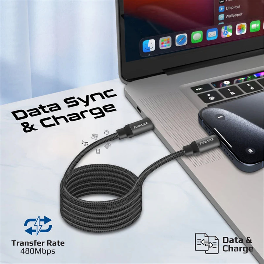 Promate SPRINGY-BLK - 1.2m USB-C to USB-C Cable Self-Organising Auto Untangle Supports 60W Power Delivery
