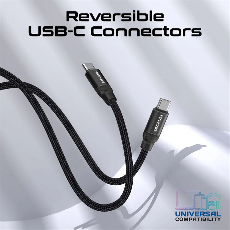 Promate SPRINGY-BLK - 1.2m USB-C to USB-C Cable Self-Organising Auto Untangle Supports 60W Power Delivery