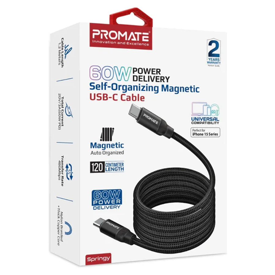 Promate SPRINGY-BLK - 1.2m USB-C to USB-C Cable Self-Organising Auto Untangle Supports 60W Power Delivery