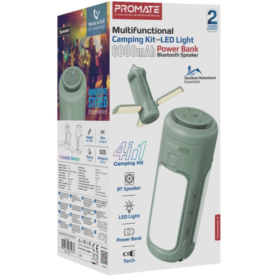 Promate CAMPMATE-4 - 4-in-1 Portable Camping Kit LED Light 6000mAh Power Bank LED Torch & 5W Speaker