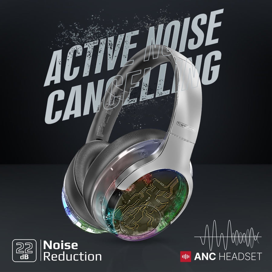 Promate TRANSTUNE-SLV - HiFi Stereo Wireless Bluetooth Active Noice Cancelling Headphones Silver