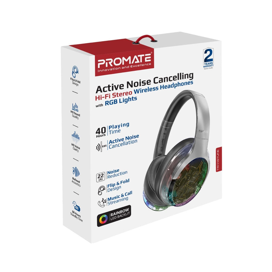 Promate TRANSTUNE-SLV - HiFi Stereo Wireless Bluetooth Active Noice Cancelling Headphones Silver