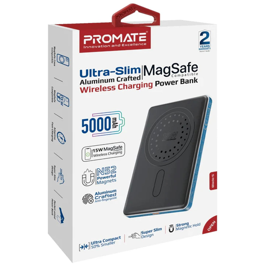 Promate BLADE-5-BL - 5000mAh Ultra-Slim Wireless Charging 15W MagSafe PowerBank 20WPD USB-C In/Out Port Smart
