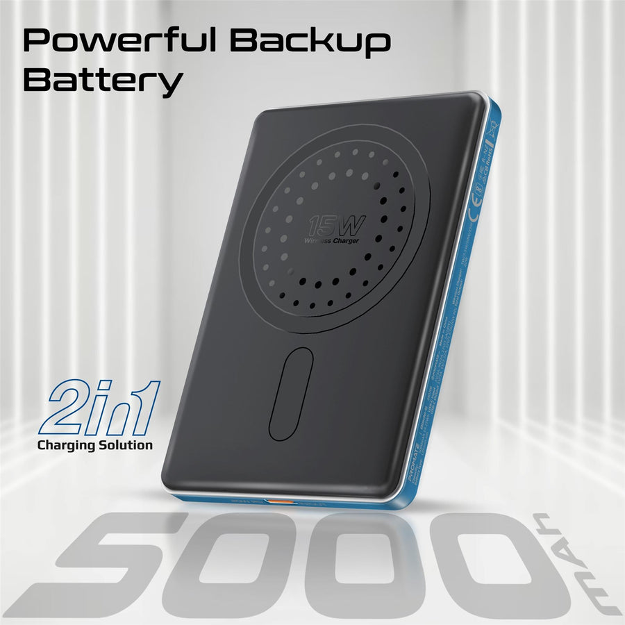 Promate BLADE-5-BL - 5000mAh Ultra-Slim Wireless Charging 15W MagSafe PowerBank 20WPD USB-C In/Out Port Smart
